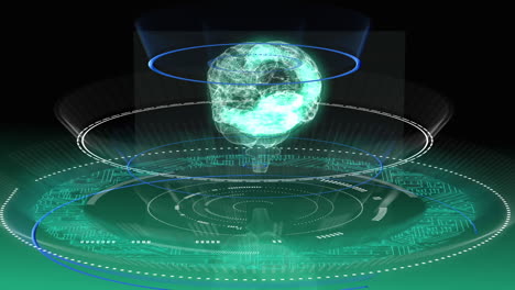 animation of brain rotating, data processing, integrated circuits and circles on green background