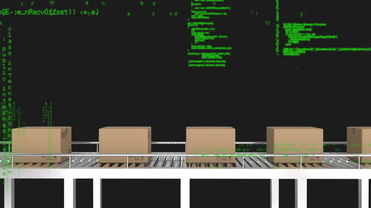 Animation of data processing over cardboard boxes on conveyor belt