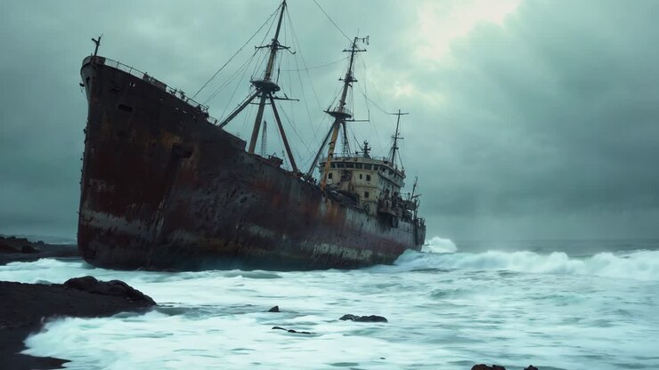 Rusty Shipwreck on a Stormy Coast