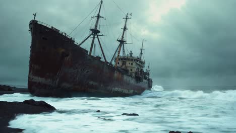 rusty shipwreck on a stormy coast