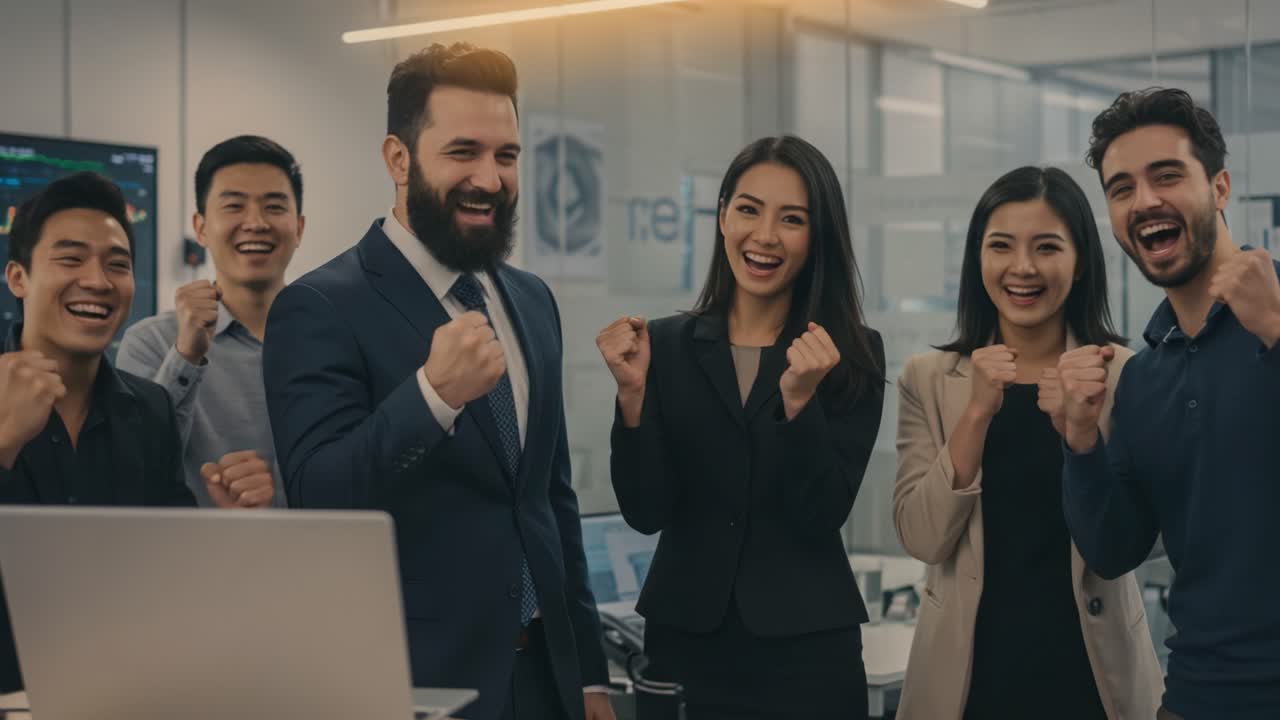 Celebrando el éxito: Un equipo diverso se une con alegría al lograr sus metas, expresando felicidad y realización en un entorno de oficina moderno.