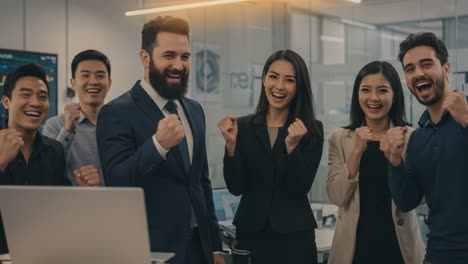 celebrating success: a diverse team unites in joy as they achieve their goals, expressing happiness and accomplishment in a modern office environment