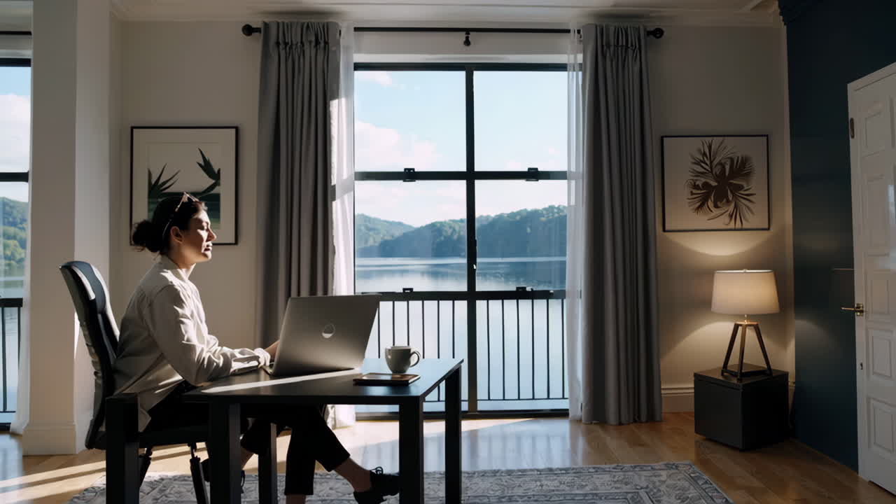 Woman Working at Home Office with Lake View