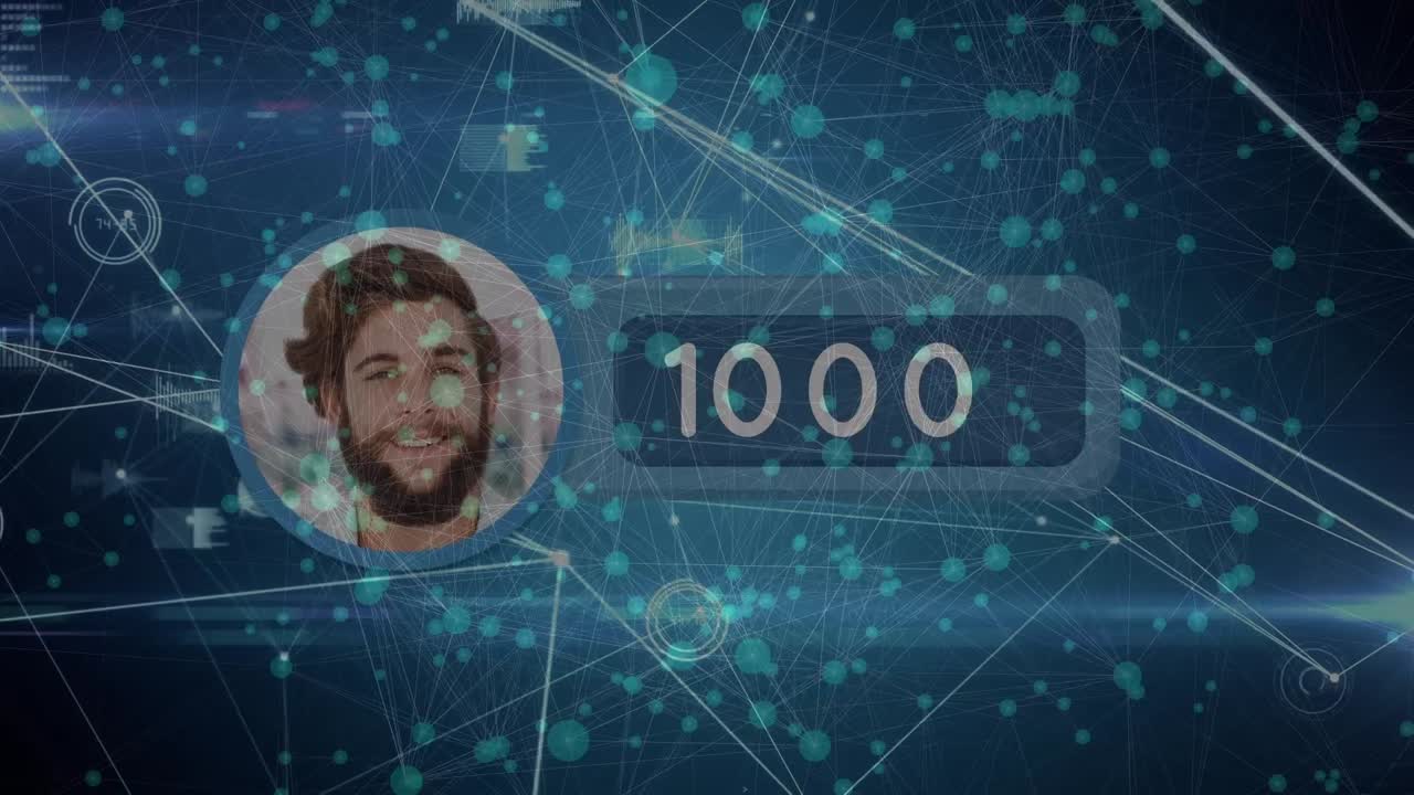 Animation of network of connections with social media numbers and man's photo on blue background