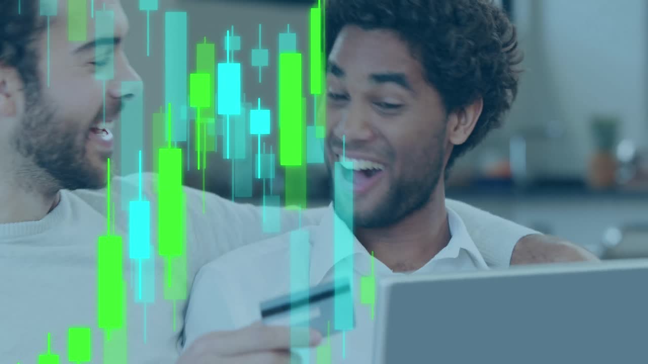 animación del procesamiento de datos sobre una pareja de hombres diversos utilizando una computadora portátil