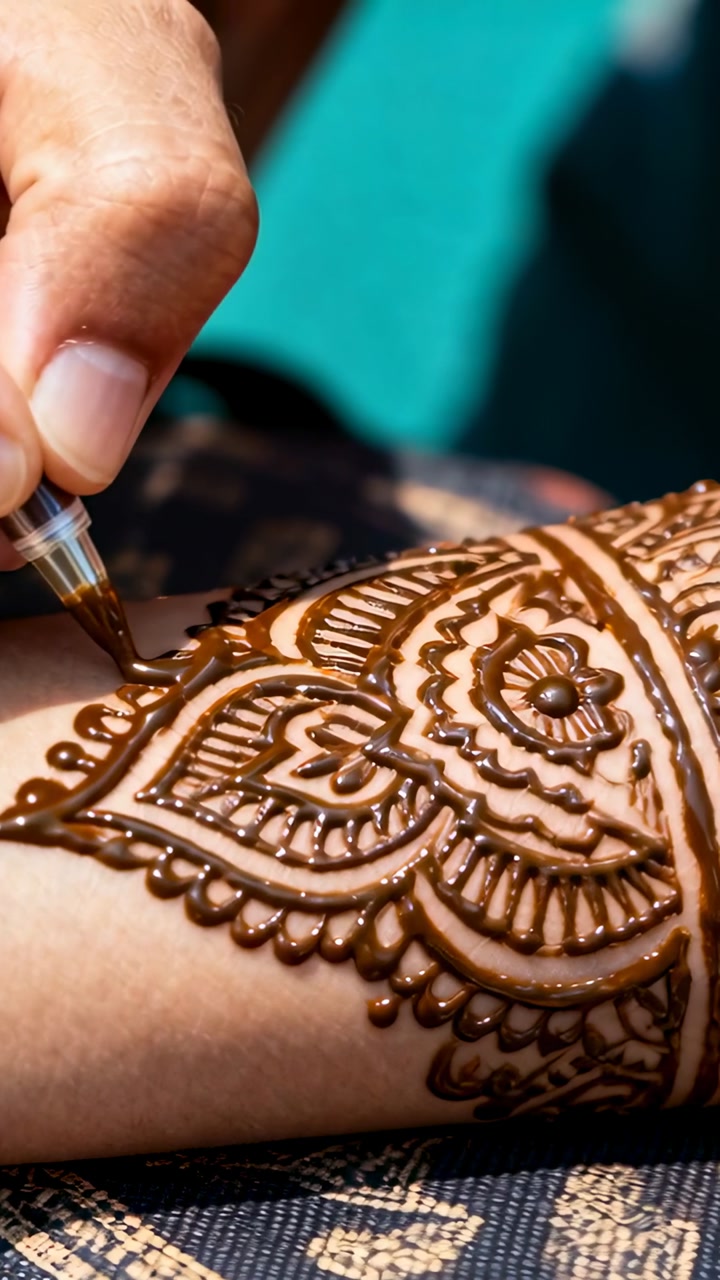 Vertical video: Approaching clear cone henna artist creating paisley on forearm, forming band