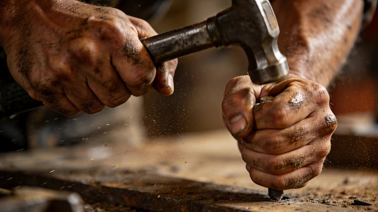 Positioning nail, worker hands hammering into workbench to secure wood, short sleeves, claw hammer