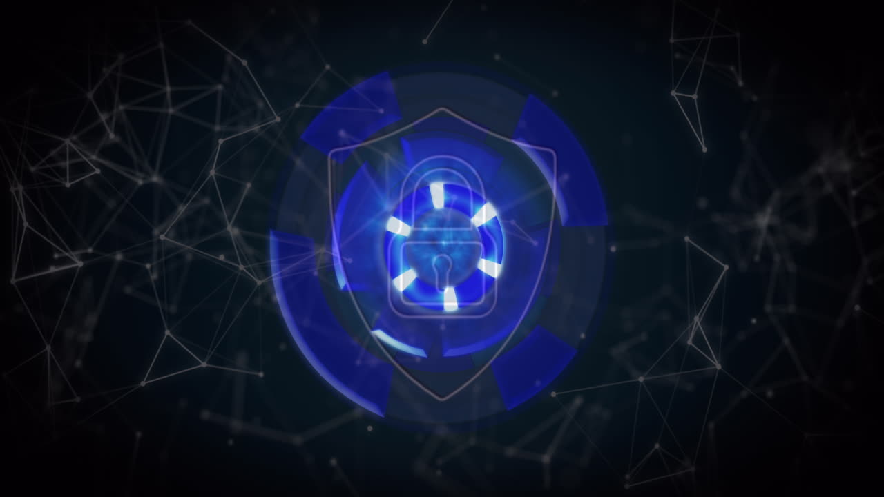animación de un escudo con candado digital sobre un círculo azul sobre fondo negro