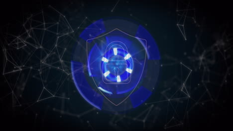 animación de un escudo con candado digital sobre un círculo azul sobre fondo negro