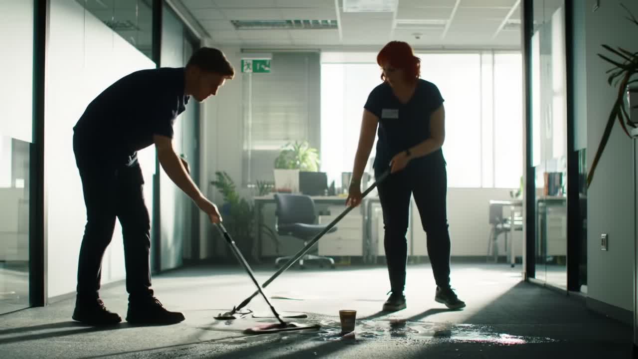 Daily Office Cleanup: Two Workers Collaborating to Restore Cleanliness in a Modern Workplace Environment with Wet Floor Hazards Present in Lighted Conditions