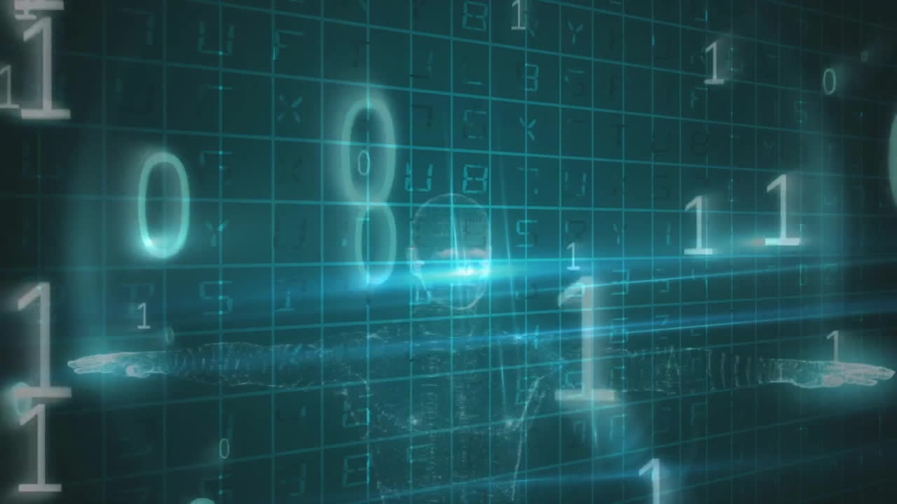Animation of binary coding and data processing over grid on dark background
