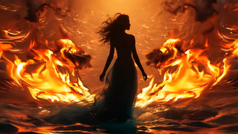silhouette of woman amidst dancing flames at dusk