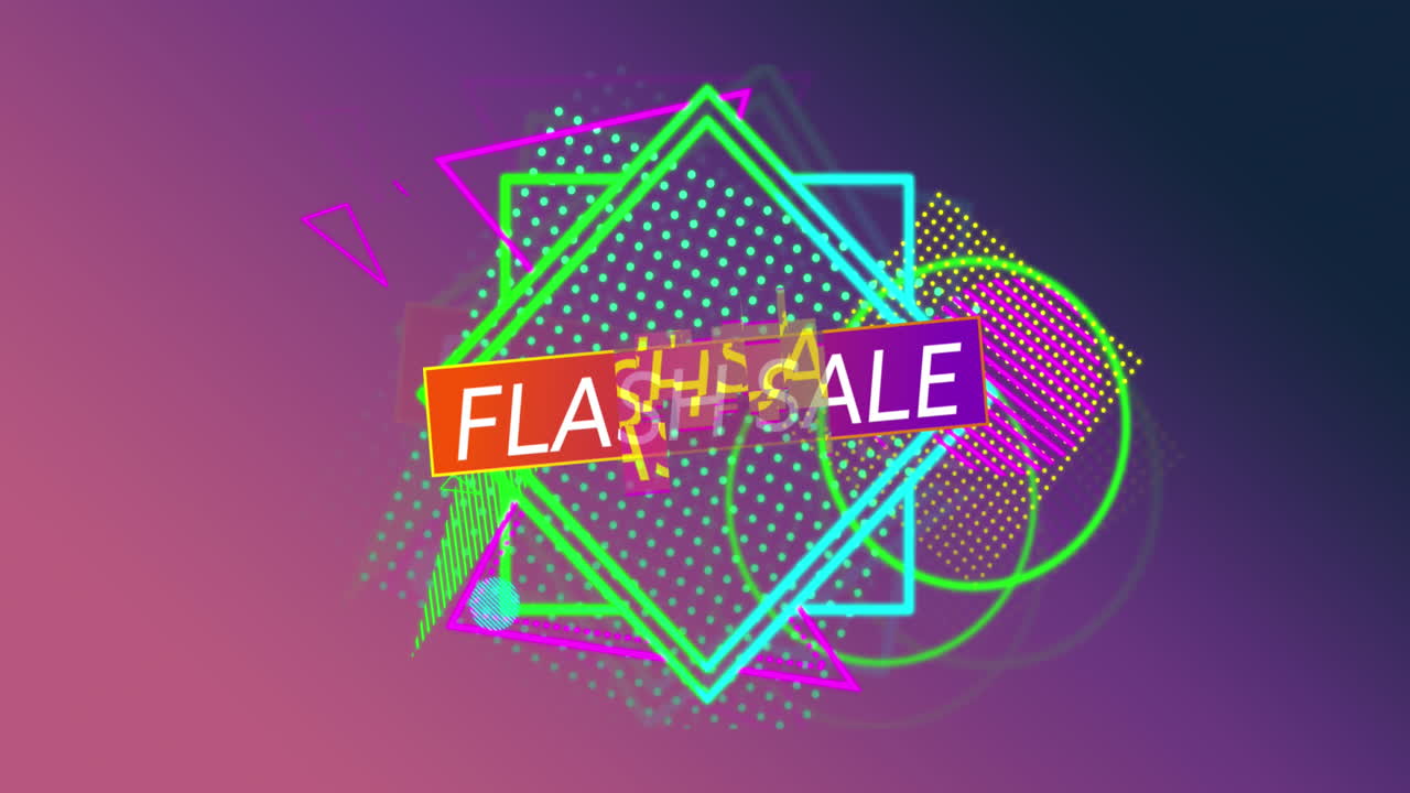 플래시 판매 그래픽과 다채로운 모양이 어두운 배경에 자리 잡습니다.
