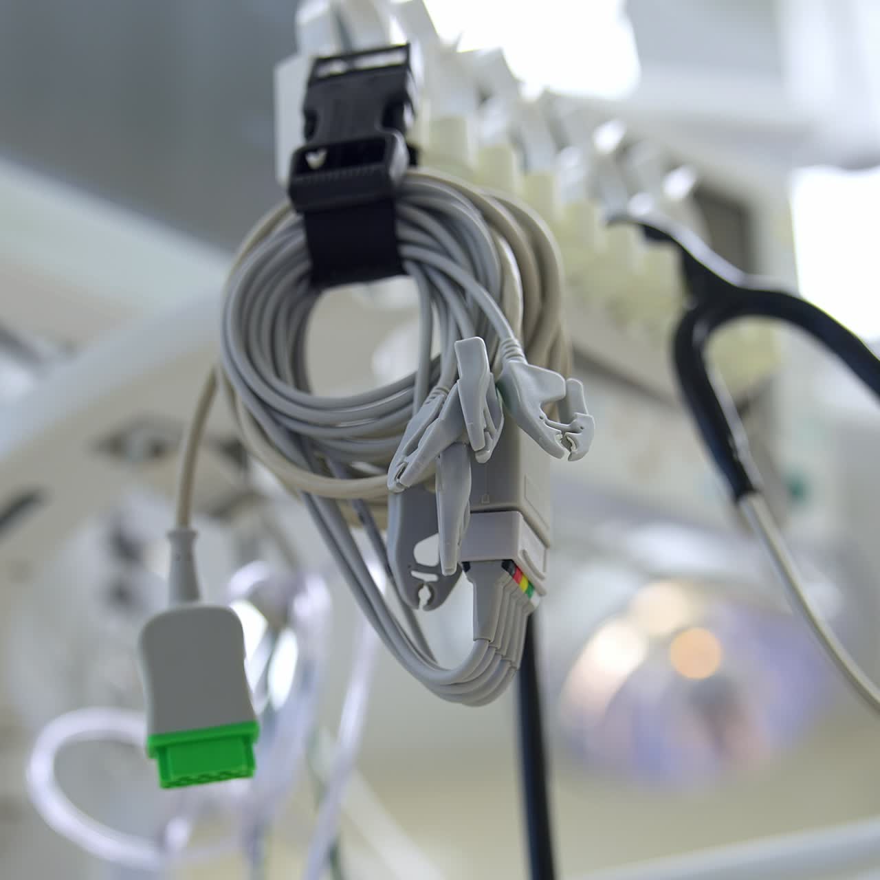 White wires from equipment hanging near the stethoscope in operational theatre. Low angle view. Blurred backdrop