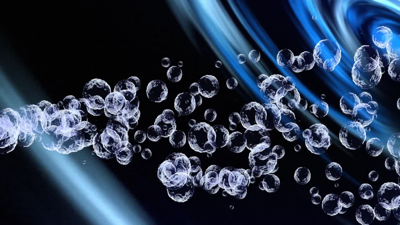 검은 바탕에 움직이는 파란 빛 위의 투명한 거품의 애니메이션