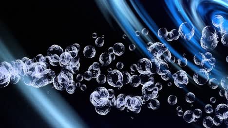 animation of transparent bubbles over blue light moving on black background