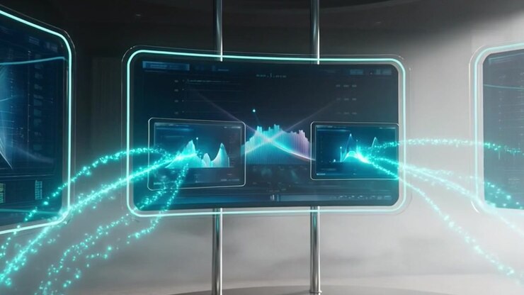 Futuristiske digitale datavisualiseringsskjermer med glødende nettverkstilkoblinger