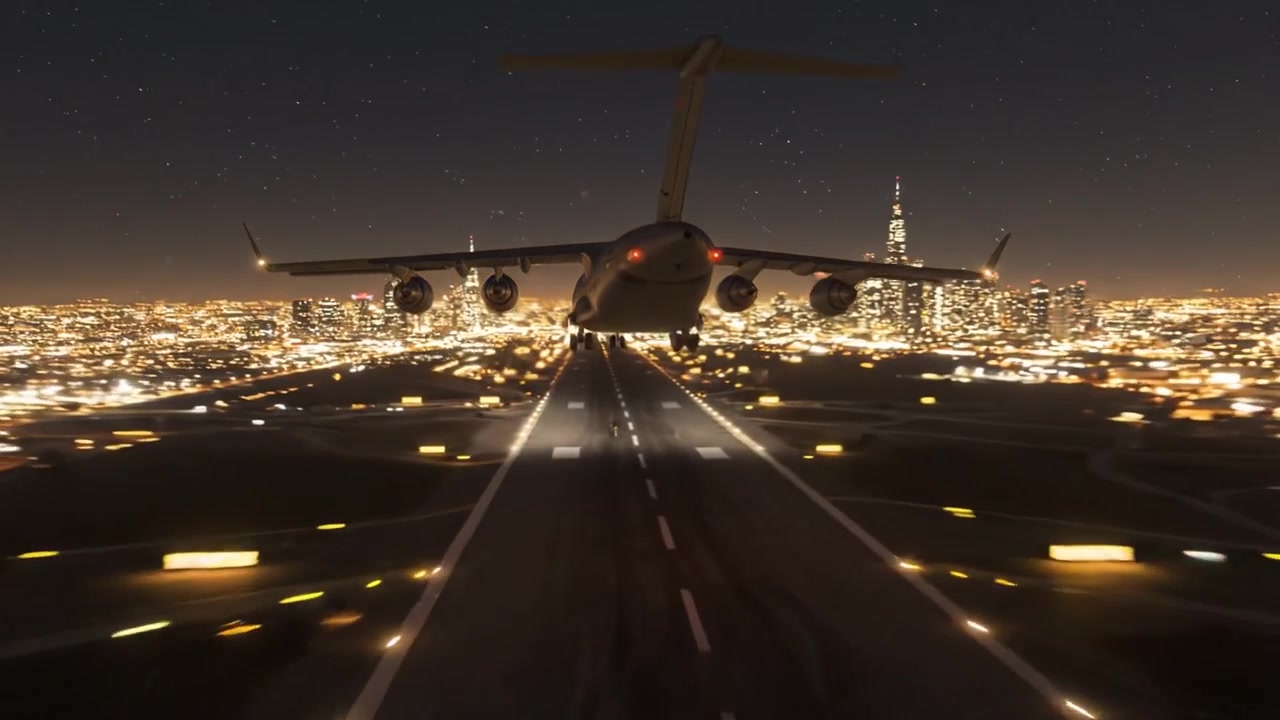 Un Maestoso Volo Notturno Su uno Scenario Urbano Scintillante Catturato con Dettagli Mozzafiato, Mostrando un Aereo Contro uno Sfondo di Luci Scintillanti e Grattacieli.