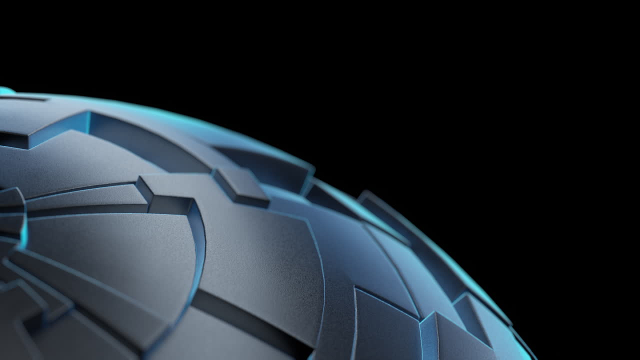 3D futuristic sphere made of geometric panels with blue glow on black background, tech concept