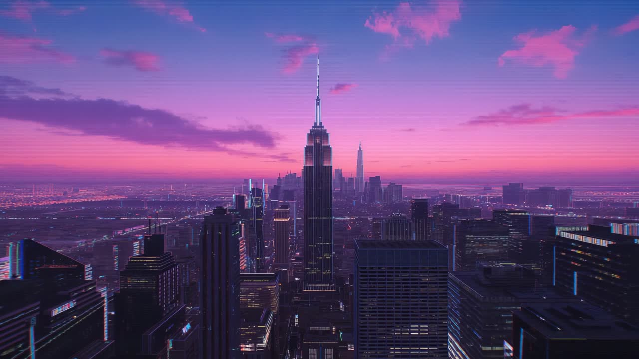 Sunset arriving above downtown causing windows brightening across spired skyscraper and towers