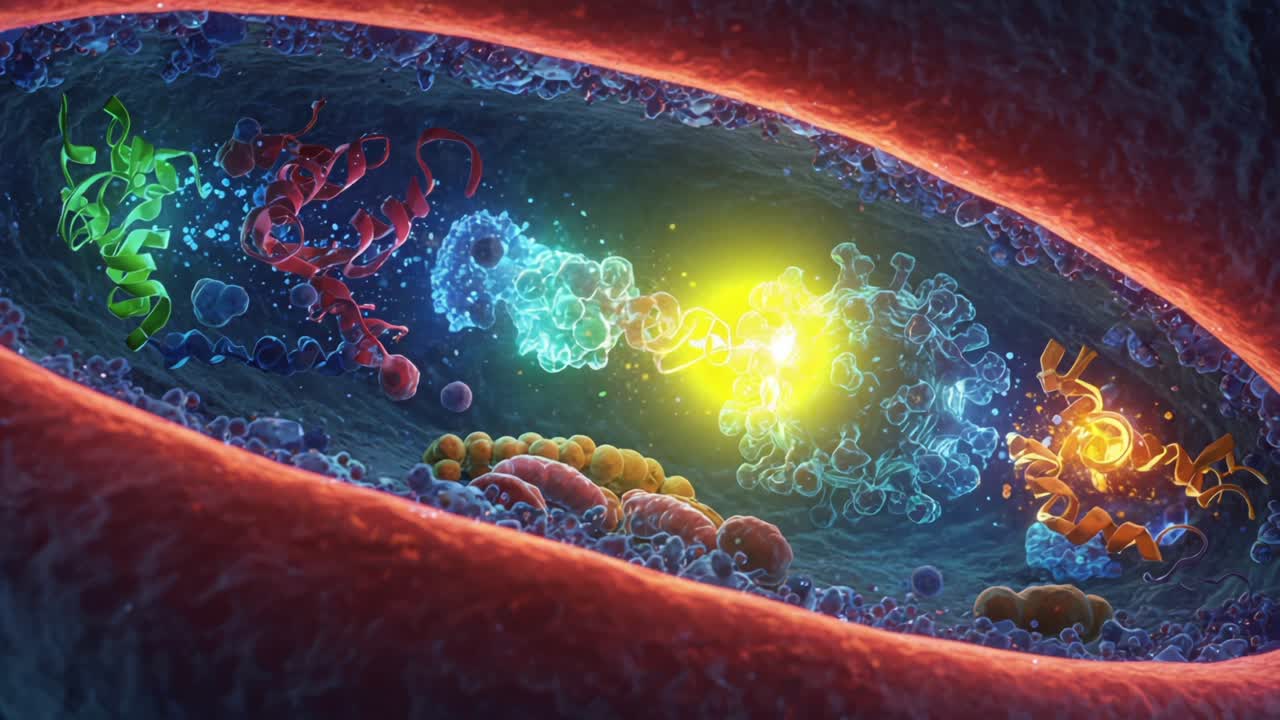 A Vivid Representation of Molecular Interactions Inside a Cell, Showcasing Colorful Proteins and Energetic Reactions in a Microscopic Environment