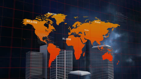 animación del procesamiento de datos financieros sobre la ciudad