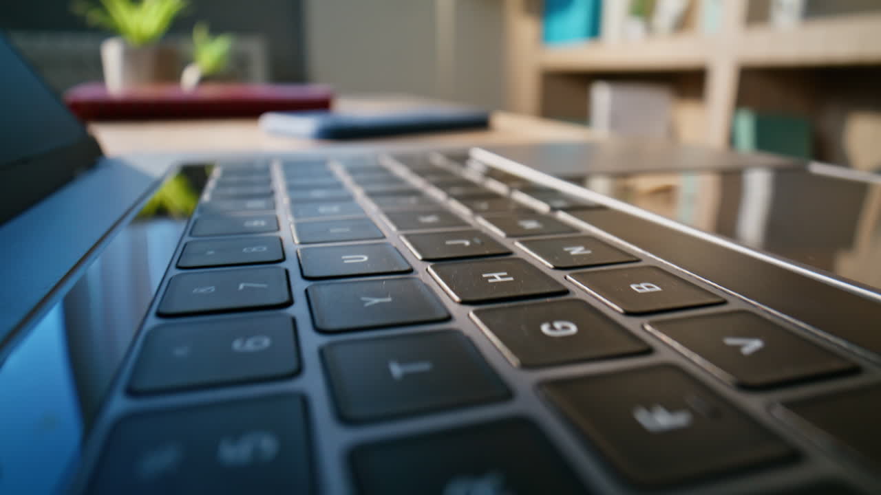 Closeup detailed laptop keyboard on modern office desk. Dolly shot computer