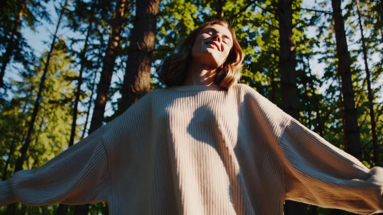 A serene video scene of a woman in a forest, captured from a low angle, basking in sunlight