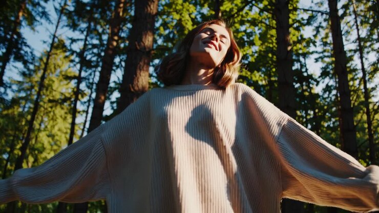A serene video scene of a woman in a forest, captured from a low angle, basking in sunlight