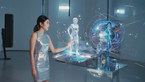 woman interacting with a futuristic holographic display