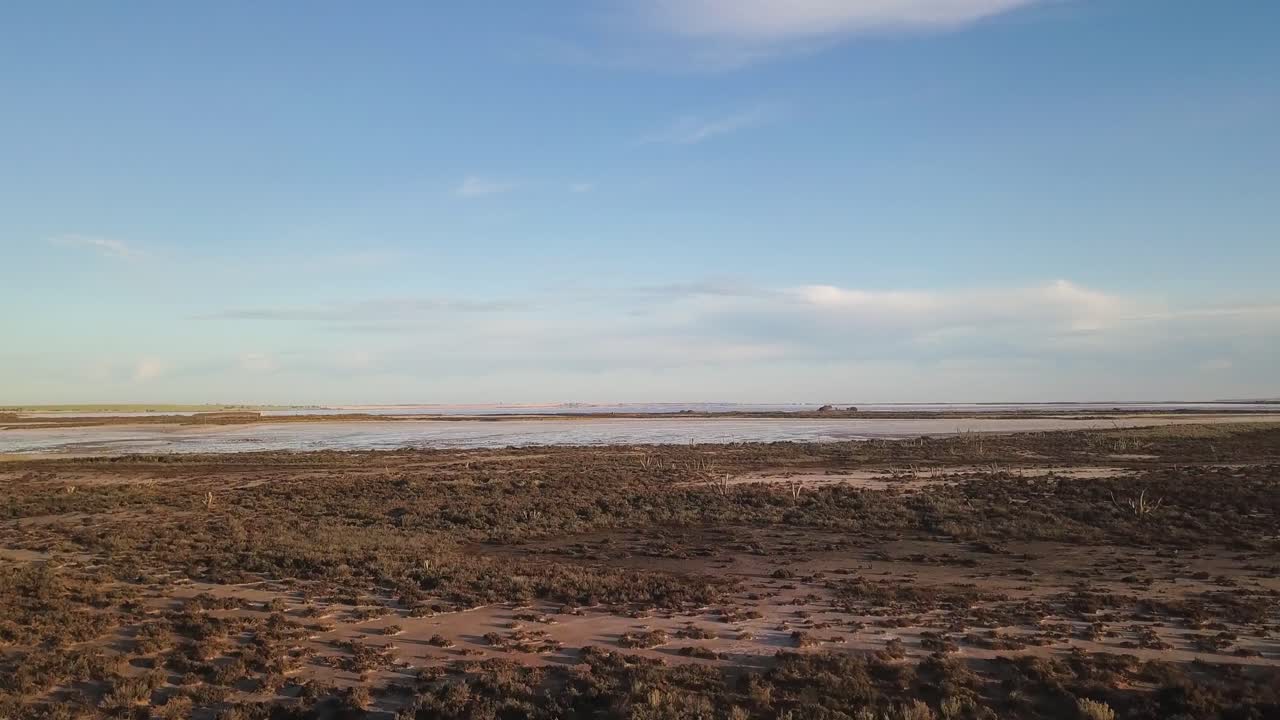 lake tyrrell australia, 솔트 레이크를 향해 부시랜드를 날아다니는 드론