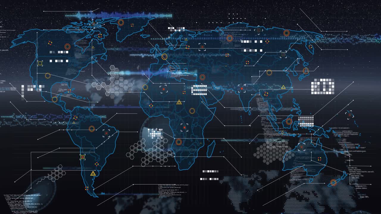 Vertical video: Opening on space, fading neon map revealing hexes radar and code, visualizing data