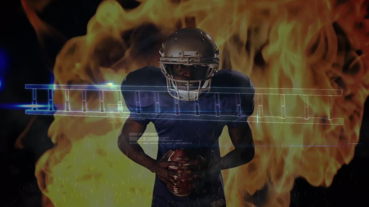 Animazione di elaborazione dati e filamento di DNA su un giocatore di football americano afroamericano