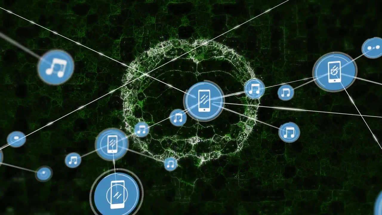 Animation of icons networking and connections over digital ai brain