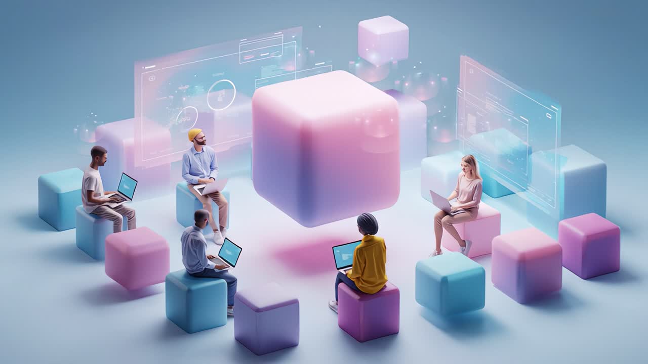 A group of diverse individuals engaged in collaborative digital work, utilizing laptops to interact with floating technology elements, featuring cubes and holographic displays in a futuristic setting