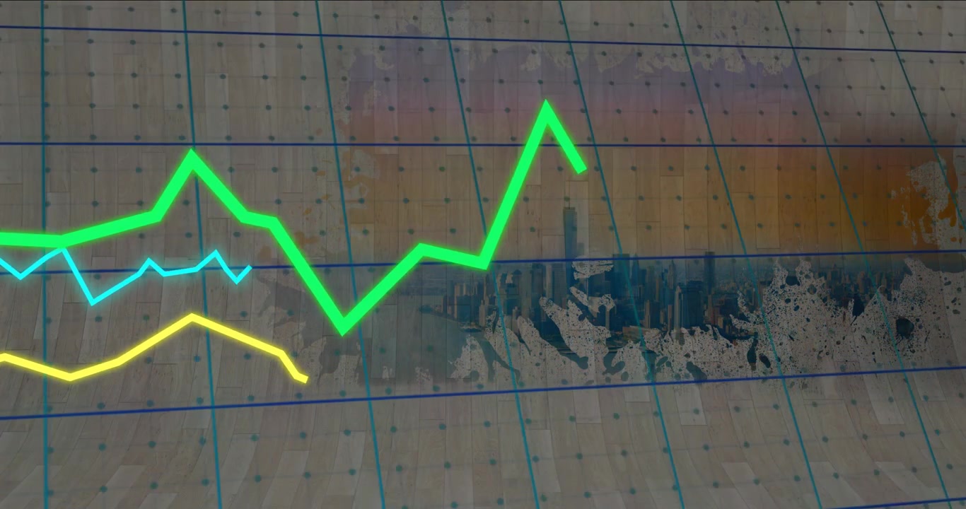 On play three trend lines moving across ruled grid, green peaking then easing showing market trends