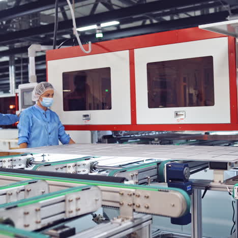 contemporary industries. workers in blue protective clothing inside the modern plant. innovative technologies of producing solar panels.