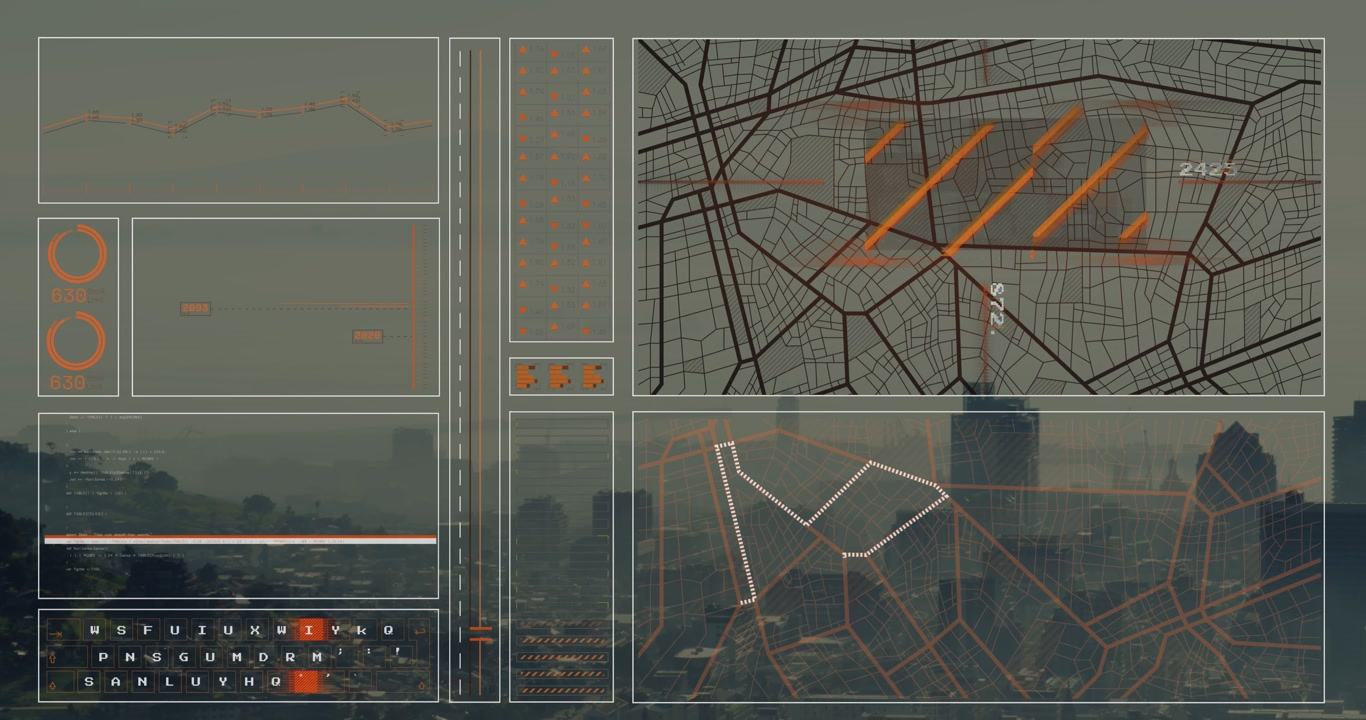 Animation of interface with data processing against aerial view of cityscape