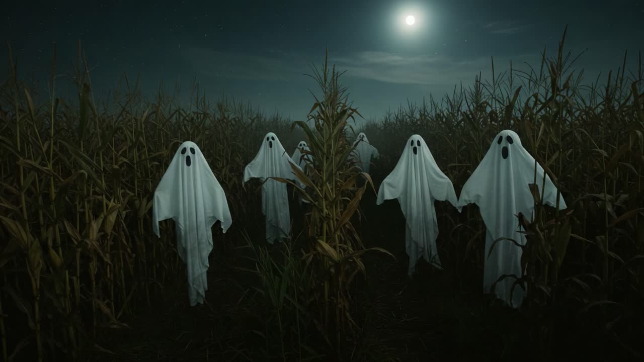A Haunting Night in the Cornfield: Mysterious Figures Dressed as Ghosts Emerge Under the Full Moon, Creating an Eery Atmosphere of Spooky Intrigue and Fear