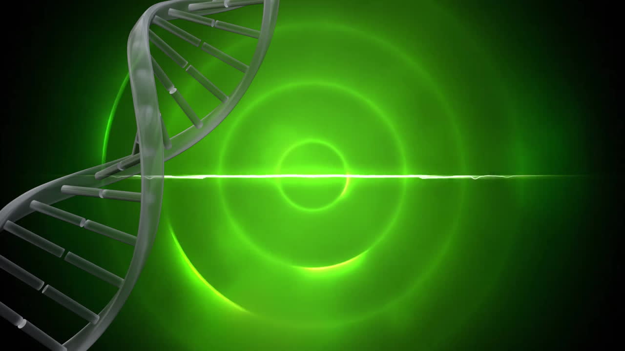 Animazione di un filamento di DNA che ruota su cerchi verdi luminosi e tremolanti
