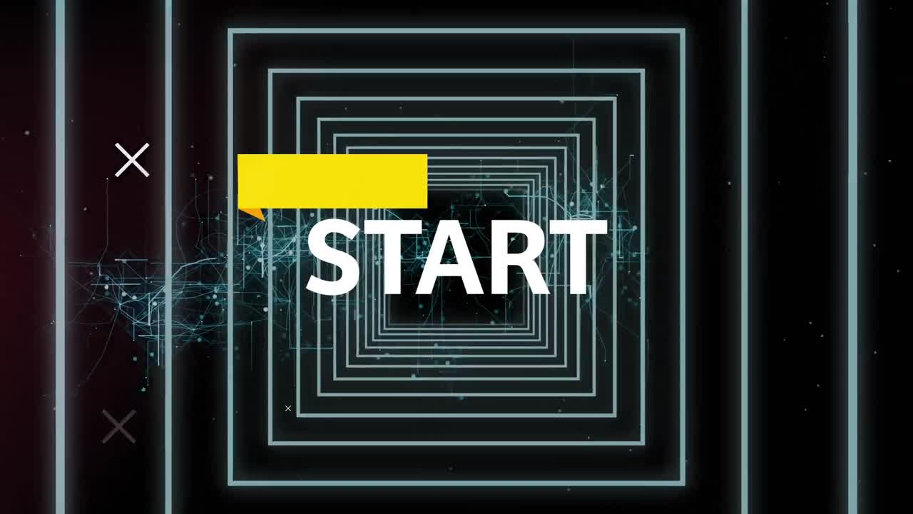 animación digital del texto de inicio contra cuadrados concéntricos y red de conexiones