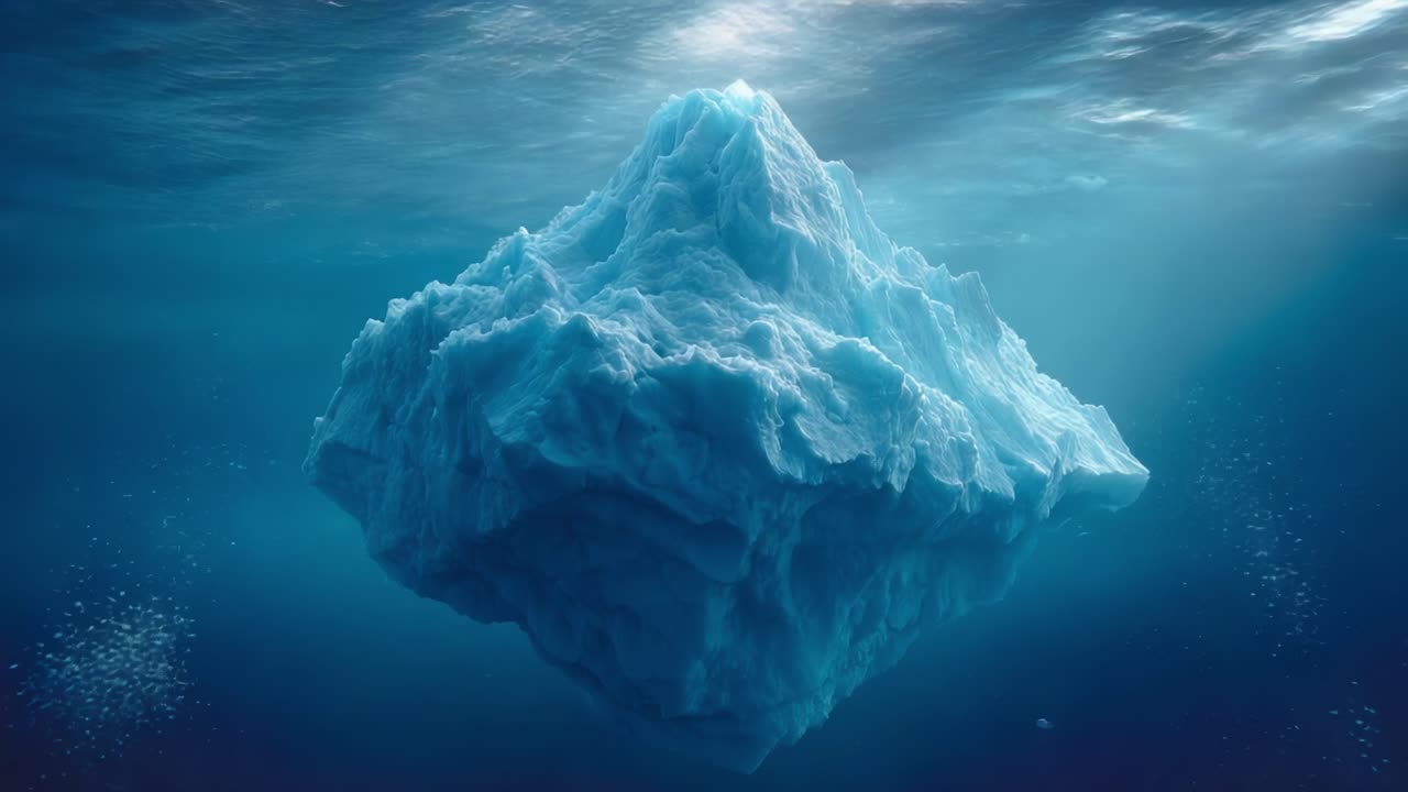 A Majestic Iceberg Floating in Serene Waters, Captured in Two Stunning Frames, Showcasing the Unique Texture and Structure of Ice Beneath the Surfacing Ocean's Calm