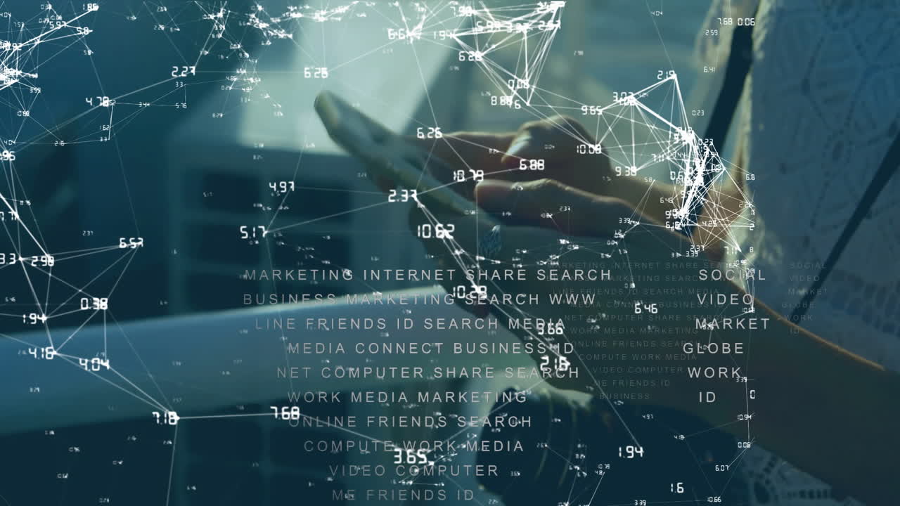 Using smartphone with digital network animation overlay, person in school setting