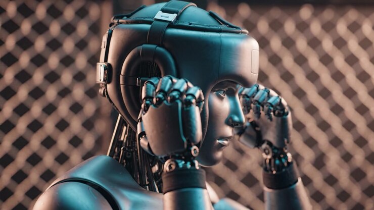 Un primo piano di un robot futuristico con un design realistico, che mostra le sue caratteristiche sofisticate e l'attenzione ai dettagli in un'esperienza visiva coinvolgente