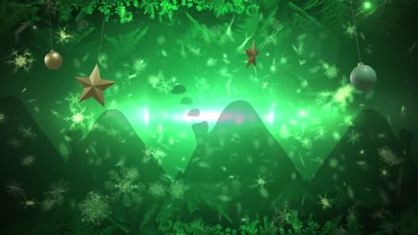 animation of snow falling over christmas decorations on green background