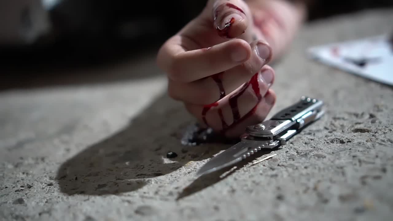 Mano insanguinata con coltello e lettera d'addio giacente sul pavimento, primo piano a livello del suolo.