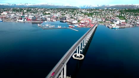 bridge of city tromso, norway aerial footage