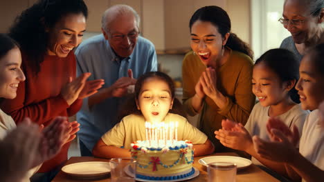 girl blowing out birthday candles with family