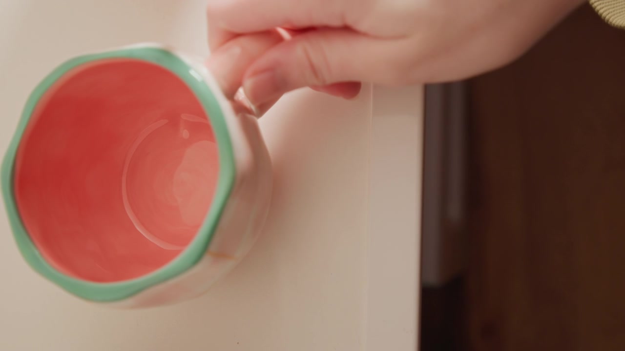 Vista dall'alto mostra una mano che solleva una tazza di ceramica per il manico dal bordo di un tavolo bianco, rivelando smalto color corallo all'interno, un bordo color menta, una leggera sfocatura delle dita, luce calda e un'atmosfera di cucina calma e minimale.