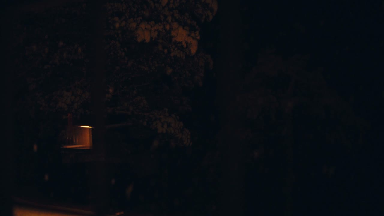 어두운 겨울 밤에 오두막 밖에 떨어지는 눈